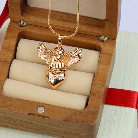 Rose Gold Angel Pendant with Heart and Wings – Elegant Spiritual Charm, XPPT1404 - Picture 9 of 13